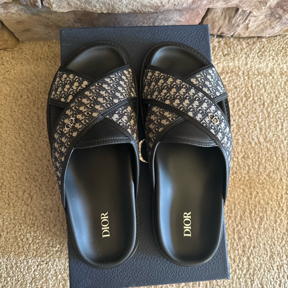 Dior Mens Aqua Sandal Beige Black Blue Oblique Jacquard Logo Slide Slip On 41